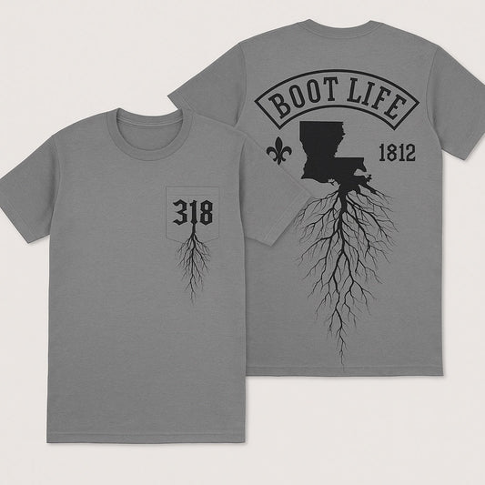 318 Big Legacy Tee front and back mockup in grey